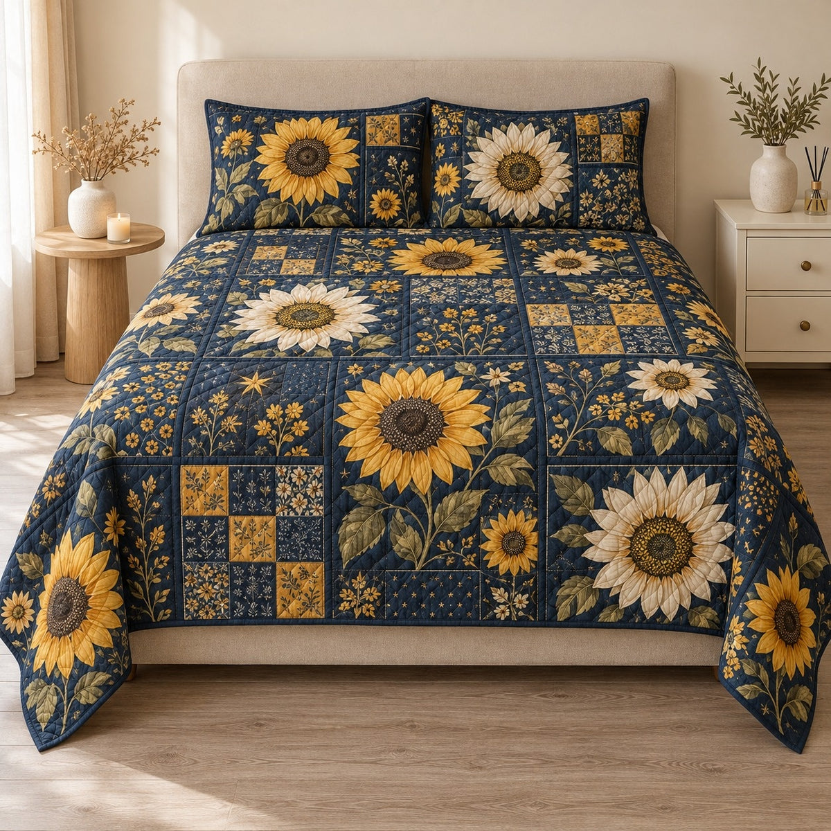 AI mockup, front view of large yellow and ivory sunflowers among navy and gold floral patchwork squares, quilt and two matching printed pillowcases in a neutral bedroom.