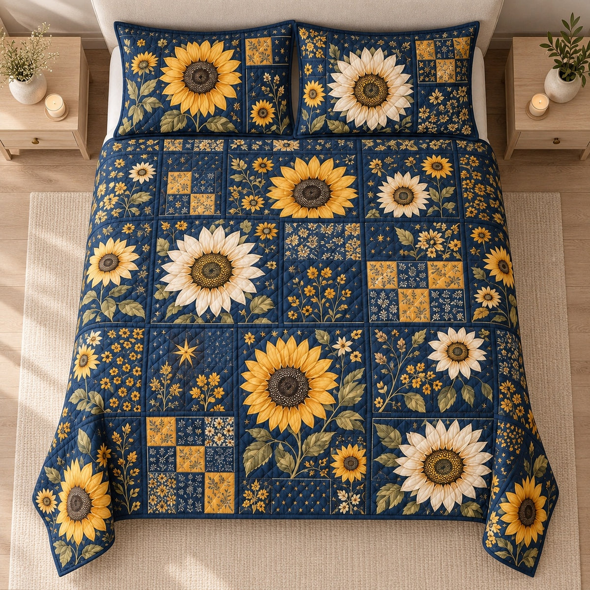 AI mockup, high centered overhead view of large yellow and ivory sunflowers among navy and gold floral patchwork squares, quilt and two matching printed pillowcases in a neutral bedroom.