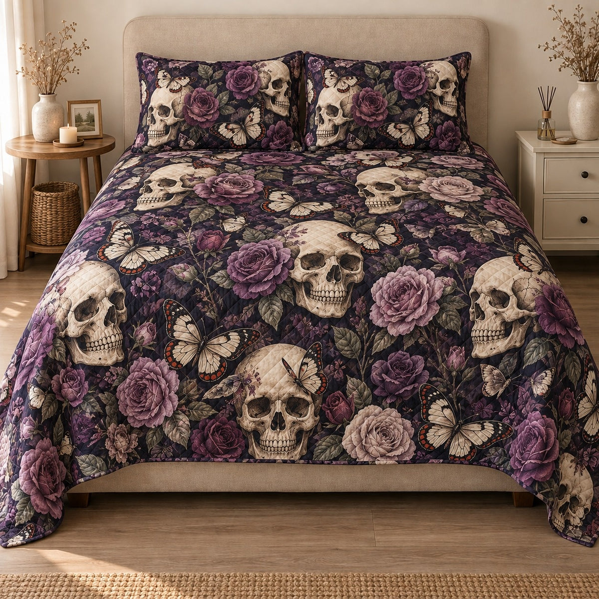 AI mockup, front view of ivory skulls surrounded by purple roses, foliage and pale butterflies on black, quilt and two matching printed pillowcases in a neutral bedroom.