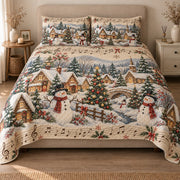 AI mockup, front view of a snowy Christmas village with snowmen, decorated trees and musical notes on cream, quilt and two matching printed pillowcases in a neutral bedroom.