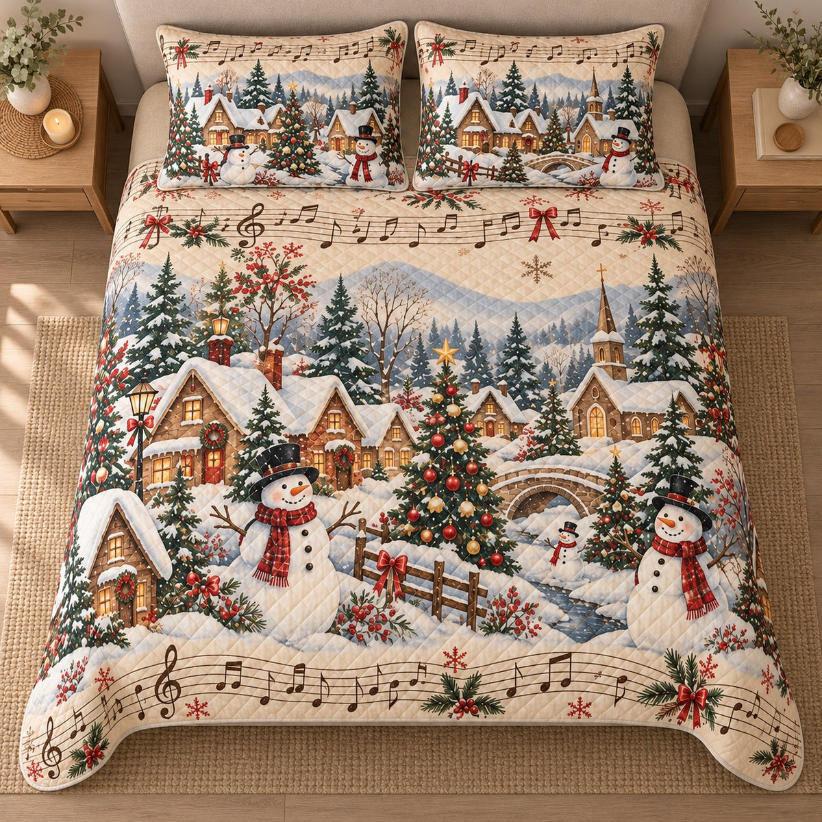 AI mockup, high centered overhead view of a snowy Christmas village with snowmen, decorated trees and musical notes on cream, quilt and two matching printed pillowcases in a neutral bedroom.