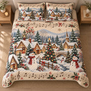 AI mockup, high centered overhead view of a snowy Christmas village with snowmen, decorated trees and musical notes on cream, quilt and two matching printed pillowcases in a neutral bedroom.