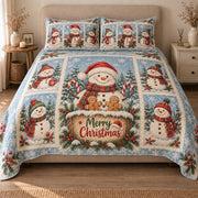 AI mockup, front view of smiling snowmen with gingerbread cookies and Merry Christmas lettering in blue snowy panels, quilt and two matching printed pillowcases in a neutral bedroom.