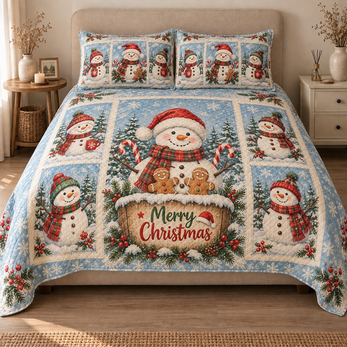 AI mockup, front view of smiling snowmen with gingerbread cookies and Merry Christmas lettering in blue snowy panels, quilt and two matching printed pillowcases in a neutral bedroom.