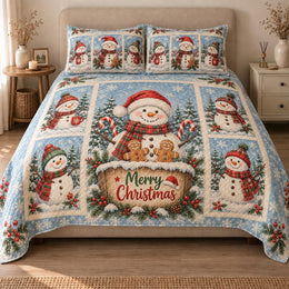Christmas Snowman Quilt Set, Gingerbread Friends and Blue Snow, Gift for Snowman Lovers