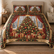 AI mockup, front view of a decorated Christmas tree and wrapped presents before a snowy window framed by red curtains, quilt and two matching printed pillowcases in a neutral bedroom.