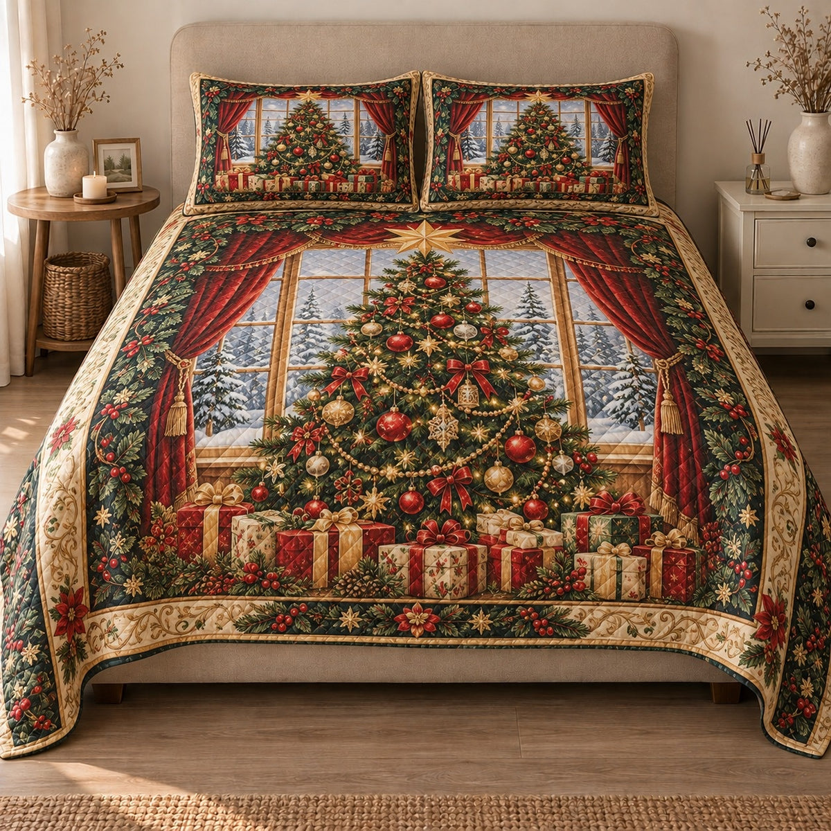 AI mockup, front view of a decorated Christmas tree and wrapped presents before a snowy window framed by red curtains, quilt and two matching printed pillowcases in a neutral bedroom.