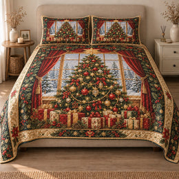 Christmas Tree Quilt Set, Red Curtains and Winter Window, Gift for Christmas Decor Lovers