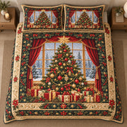 AI mockup, high centered overhead view of a decorated Christmas tree and wrapped presents before a snowy window framed by red curtains, quilt and two matching printed pillowcases in a neutral bedroom.