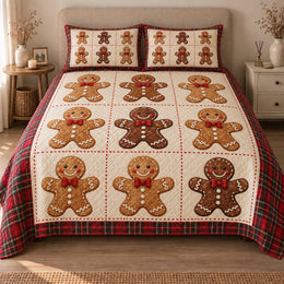 Gingerbread Christmas Quilt Set, Cookie Patchwork and Red Plaid, Gift for Gingerbread Lovers