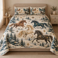Winter Horse Quilt Set, Galloping Herd and Snowy Pines, Gift for Horse Lovers