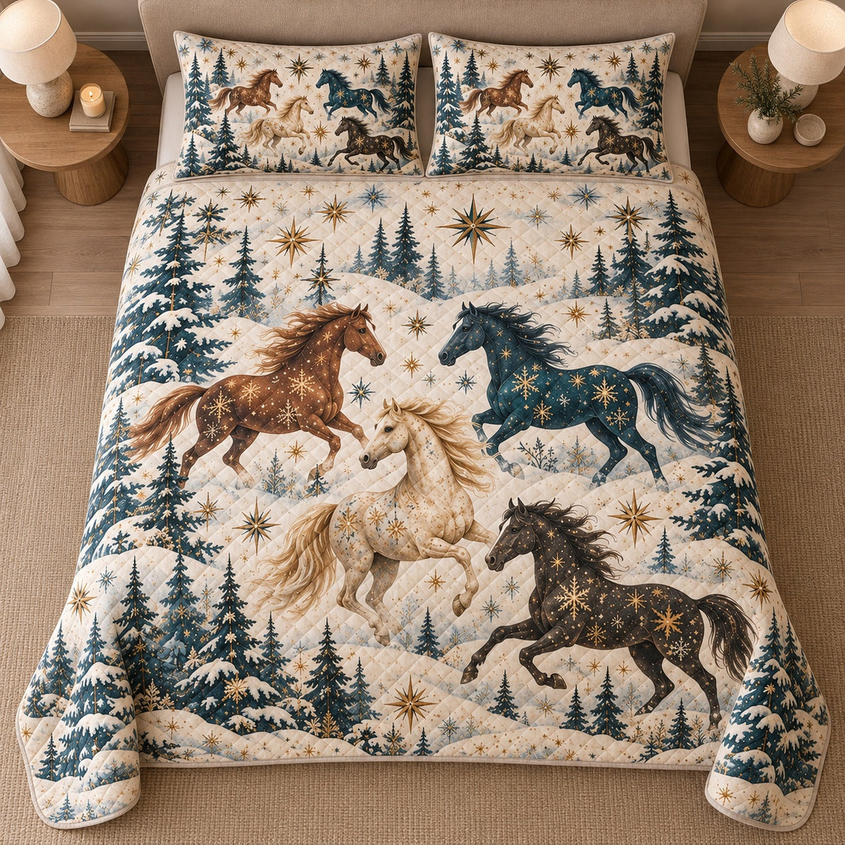 AI mockup, high centered overhead view of brown, cream, blue and black horses galloping through a snowy pine forest, quilt and two matching printed pillowcases in a neutral bedroom.