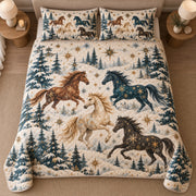 AI mockup, high centered overhead view of brown, cream, blue and black horses galloping through a snowy pine forest, quilt and two matching printed pillowcases in a neutral bedroom.