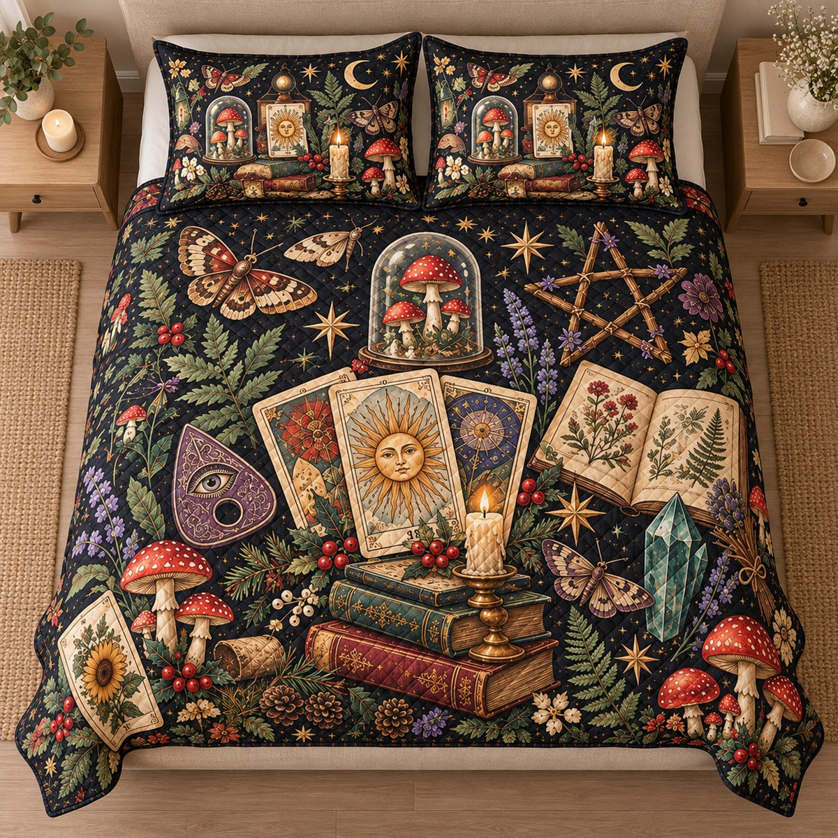AI mockup, high centered overhead view of tarot cards, old books, candles, crystals, mushrooms and crescent moons on black, quilt and two matching printed pillowcases in a neutral bedroom.