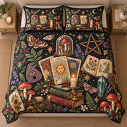 AI mockup, high centered overhead view of tarot cards, old books, candles, crystals, mushrooms and crescent moons on black, quilt and two matching printed pillowcases in a neutral bedroom.