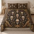 Gothic Baroque Quilt Set, Ivory Skulls and Golden Scrolls, Gift for Gothic Decor Lovers