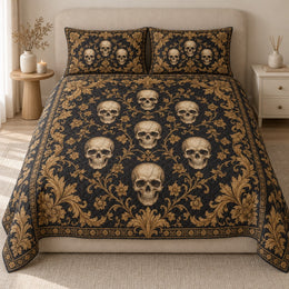 Gothic Baroque Quilt Set, Ivory Skulls and Golden Scrolls, Gift for Gothic Decor Lovers