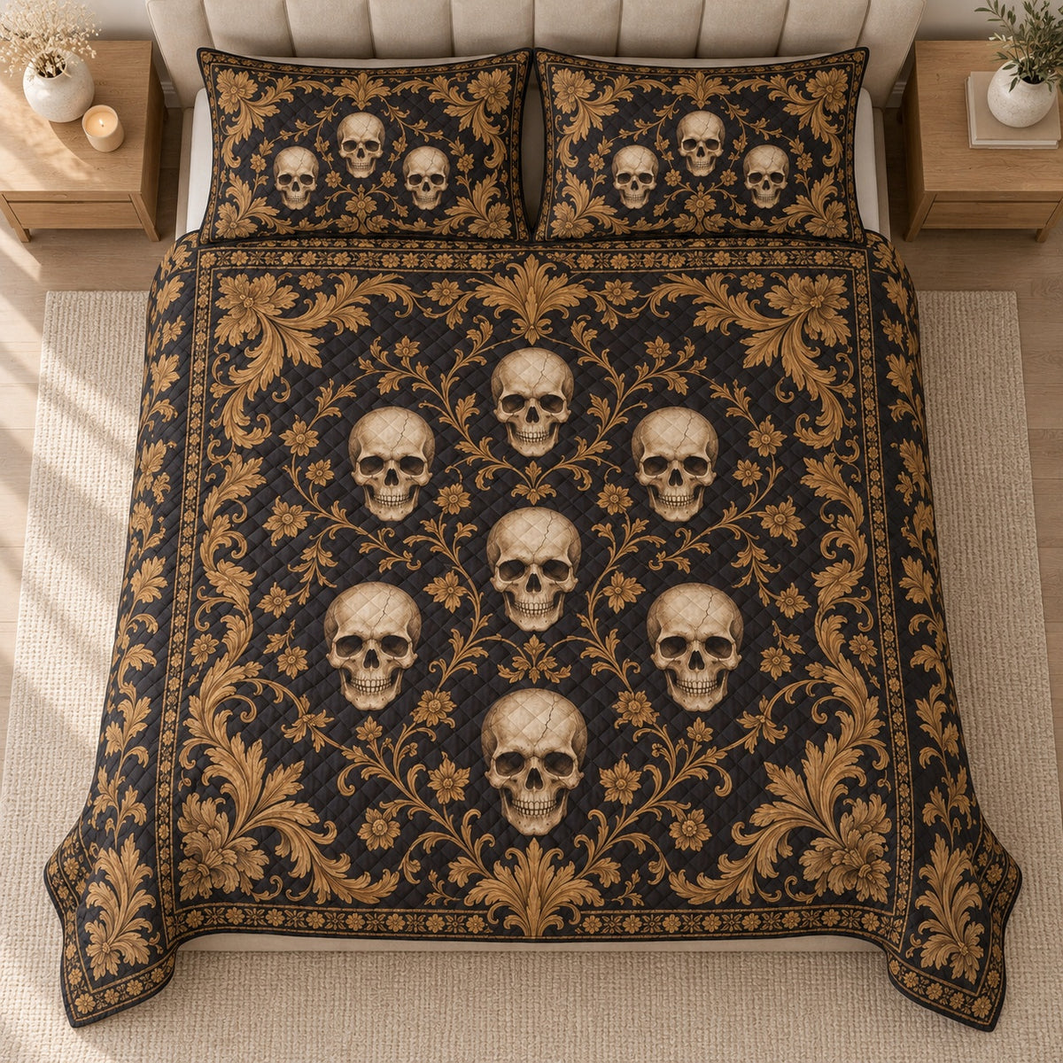 AI mockup, high centered overhead view of ivory skulls framed by ornate golden botanical scrollwork on black, quilt and two matching printed pillowcases in a neutral bedroom.