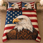 AI mockup, high centered overhead view of a bald eagle over a red, white and blue American flag, quilt and two matching printed pillowcases in a neutral bedroom.