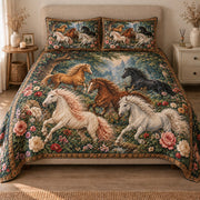AI mockup, front view of white, brown and black horses galloping through a lush landscape framed by flowers, quilt and two matching printed pillowcases in a neutral bedroom.