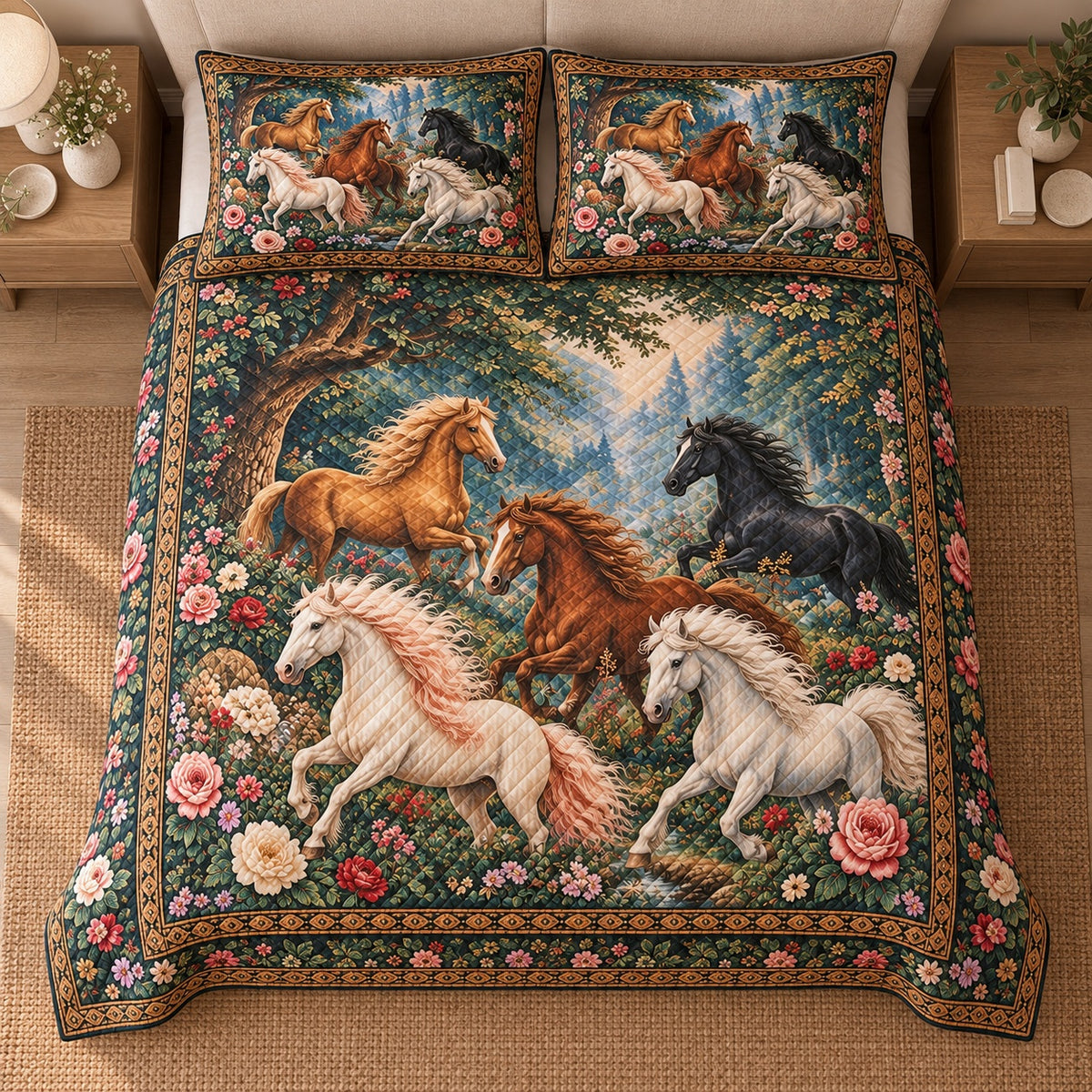 AI mockup, high centered overhead view of white, brown and black horses galloping through a lush landscape framed by flowers, quilt and two matching printed pillowcases in a neutral bedroom.