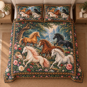 AI mockup, high centered overhead view of white, brown and black horses galloping through a lush landscape framed by flowers, quilt and two matching printed pillowcases in a neutral bedroom.