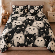 AI mockup, front view of crowded black and white cat faces with bright eyes, quilt and two matching printed pillowcases in a neutral bedroom.