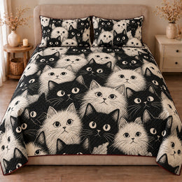 Black and White Cat Quilt Set, Expressive Feline Faces, Gift for Cat Lovers