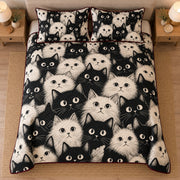 AI mockup, high centered overhead view of crowded black and white cat faces with bright eyes, quilt and two matching printed pillowcases in a neutral bedroom.