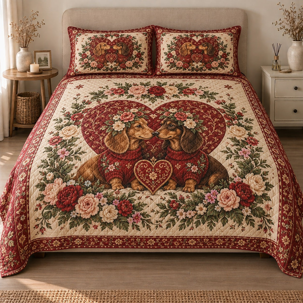 AI mockup, front view of two dachshunds facing each other before a red heart surrounded by vintage roses, quilt and two matching printed pillowcases in a neutral bedroom.
