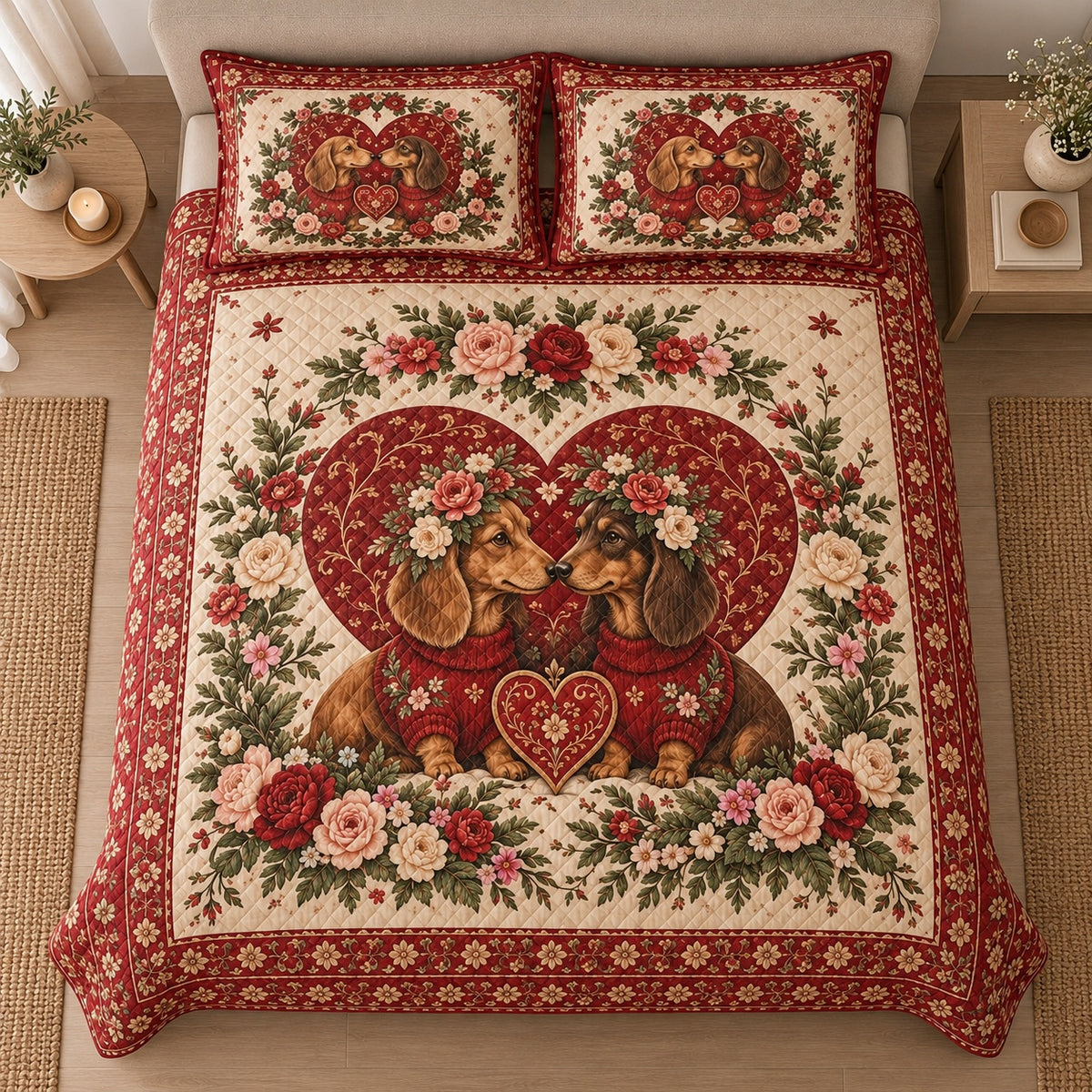 AI mockup, high centered overhead view of two dachshunds facing each other before a red heart surrounded by vintage roses, quilt and two matching printed pillowcases in a neutral bedroom.