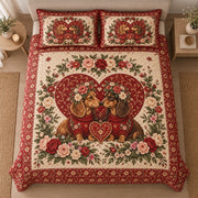 AI mockup, high centered overhead view of two dachshunds facing each other before a red heart surrounded by vintage roses, quilt and two matching printed pillowcases in a neutral bedroom.