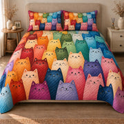 AI mockup, front view of rows of smiling cats in a vivid rainbow of colors, quilt and two matching printed pillowcases in a neutral bedroom.