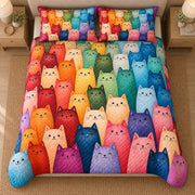 AI mockup, high centered overhead view of rows of smiling cats in a vivid rainbow of colors, quilt and two matching printed pillowcases in a neutral bedroom.