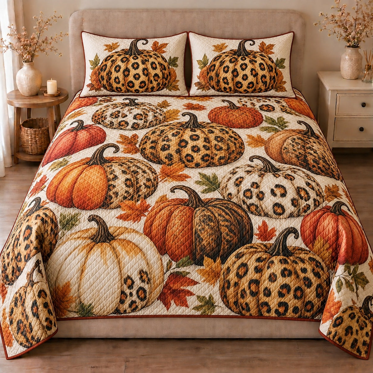 AI mockup, front view of orange, ivory and leopard print pumpkins with autumn leaves, quilt and two matching printed pillowcases in a neutral bedroom.
