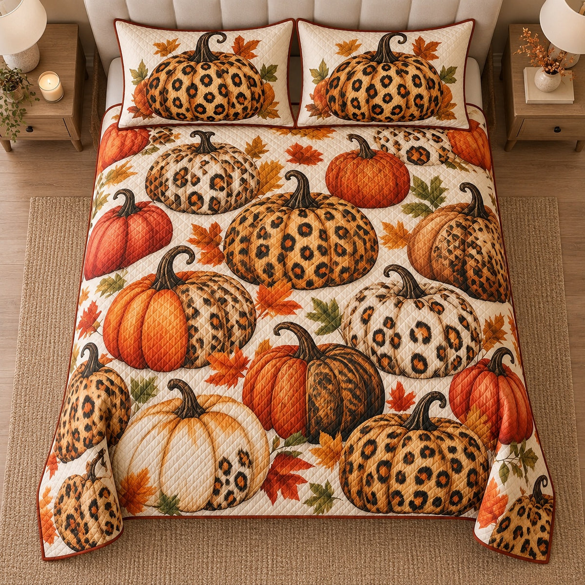 AI mockup, high centered overhead view of orange, ivory and leopard print pumpkins with autumn leaves, quilt and two matching printed pillowcases in a neutral bedroom.