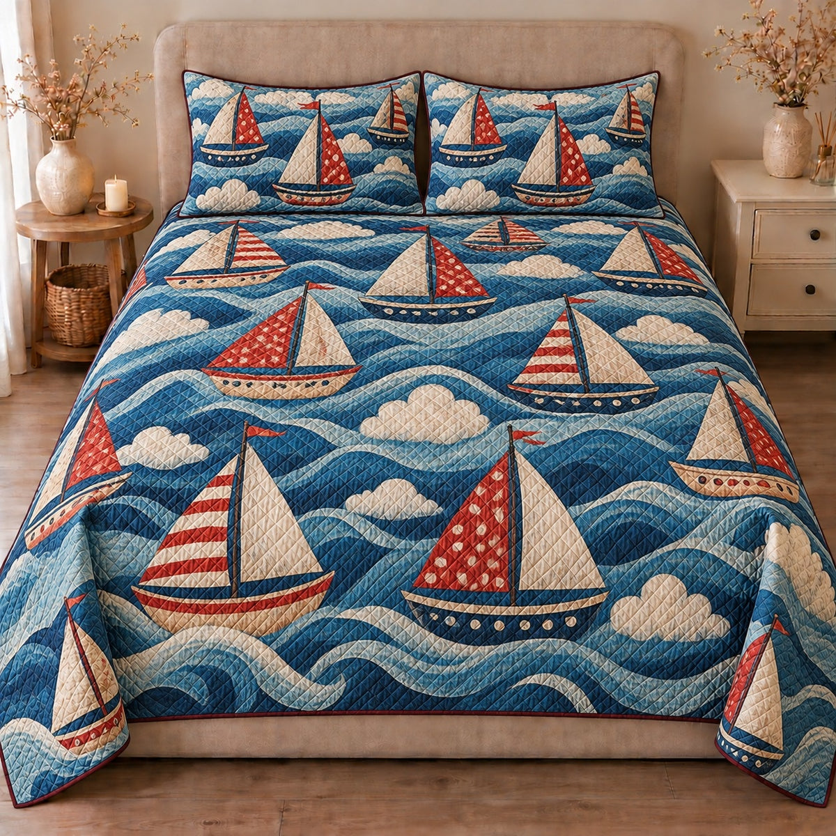 AI mockup, front view of sailboats with red, white and blue sails over stylized rolling blue waves, quilt and two matching printed pillowcases in a neutral bedroom.