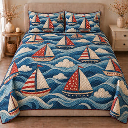 Sailing Adventure Quilt Set, Colorful Boats and Rolling Waves, Gift for Sailing Lovers