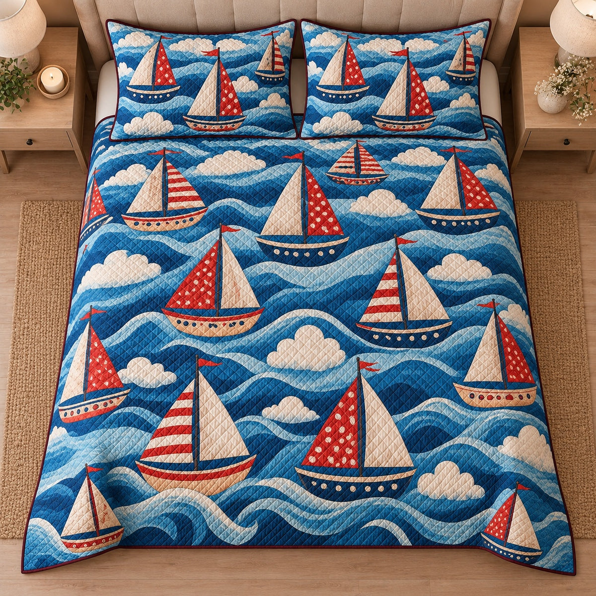 AI mockup, high centered overhead view of sailboats with red, white and blue sails over stylized rolling blue waves, quilt and two matching printed pillowcases in a neutral bedroom.