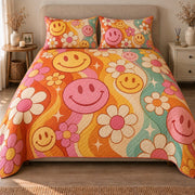 AI mockup, front view of pink and yellow smiling faces, daisies and wavy orange, pink and teal stripes, quilt and two matching printed pillowcases in a neutral bedroom.