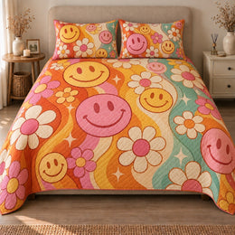 Retro Smiley Quilt Set, Groovy Flowers and Colorful Waves, Gift for Retro Decor Lovers