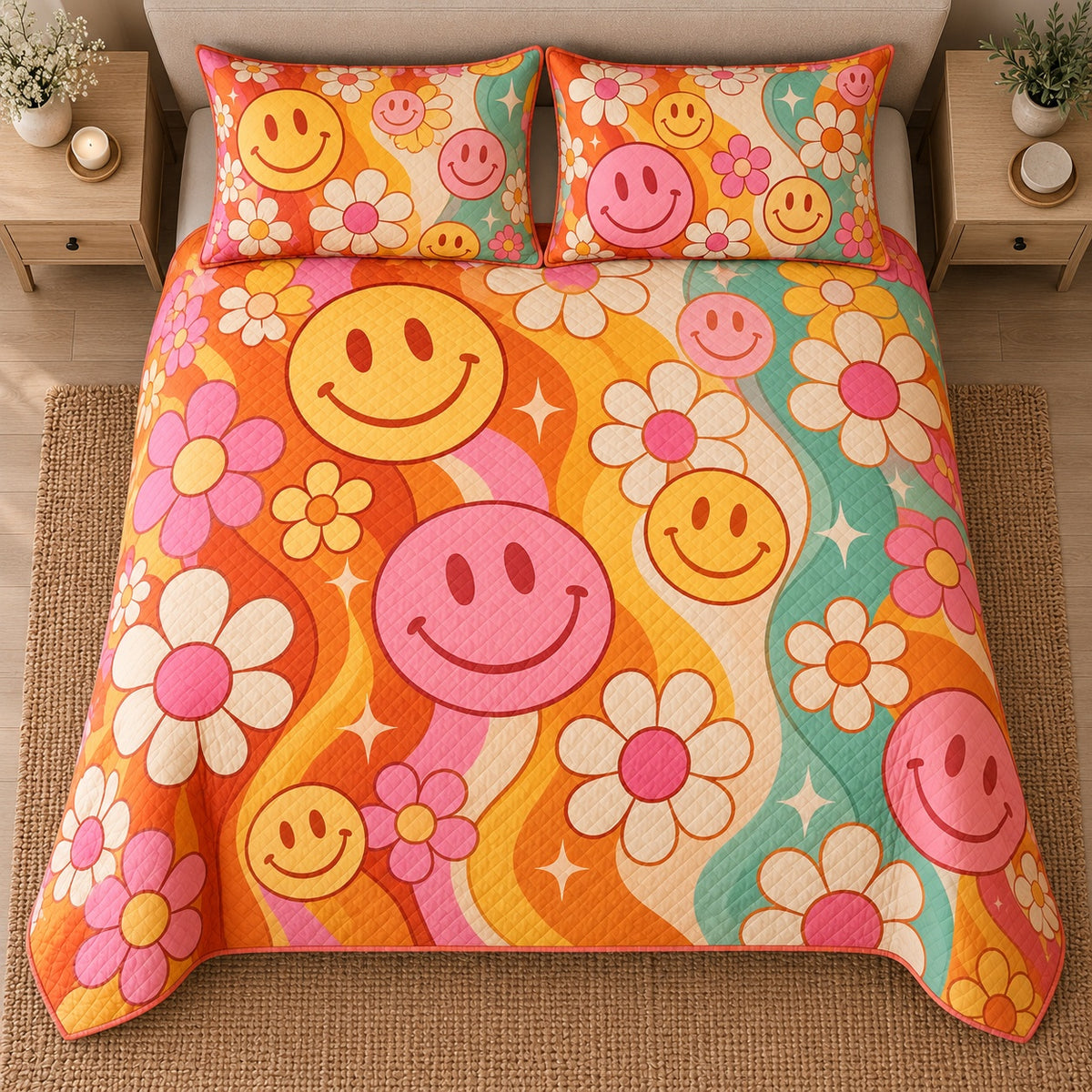 AI mockup, high centered overhead view of pink and yellow smiling faces, daisies and wavy orange, pink and teal stripes, quilt and two matching printed pillowcases in a neutral bedroom.