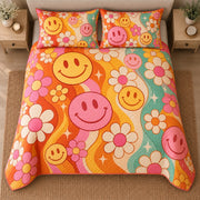AI mockup, high centered overhead view of pink and yellow smiling faces, daisies and wavy orange, pink and teal stripes, quilt and two matching printed pillowcases in a neutral bedroom.