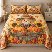 AI mockup, front view of a smiling scarecrow in a wooden basket surrounded by pumpkins, sunflowers and autumn leaves, quilt and two matching printed pillowcases in a neutral bedroom.