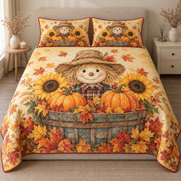 Harvest Scarecrow Quilt Set, Sunflowers Pumpkins and Fall Leaves, Gift for Fall Decor Lovers