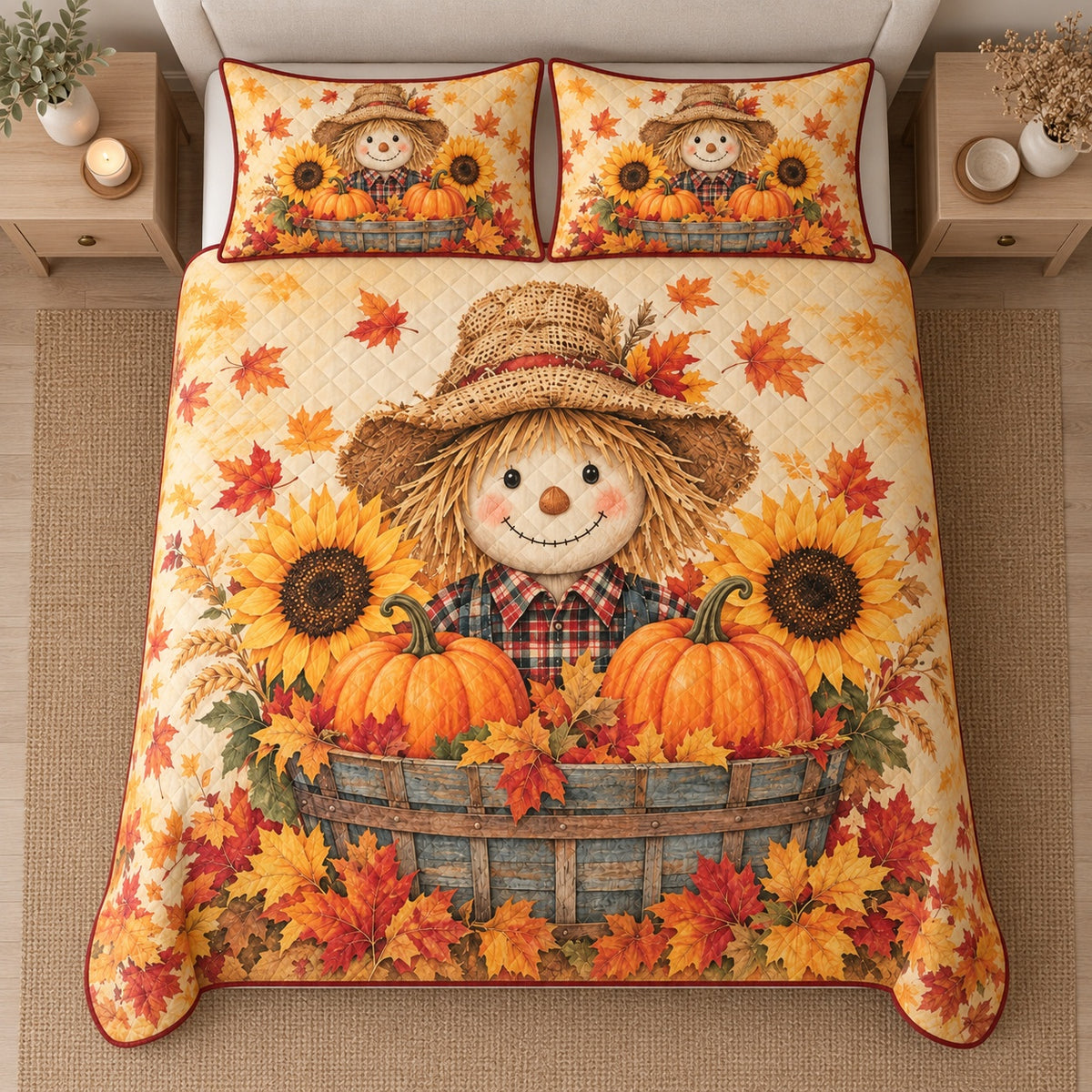 AI mockup, high centered overhead view of a smiling scarecrow in a wooden basket surrounded by pumpkins, sunflowers and autumn leaves, quilt and two matching printed pillowcases in a neutral bedroom.