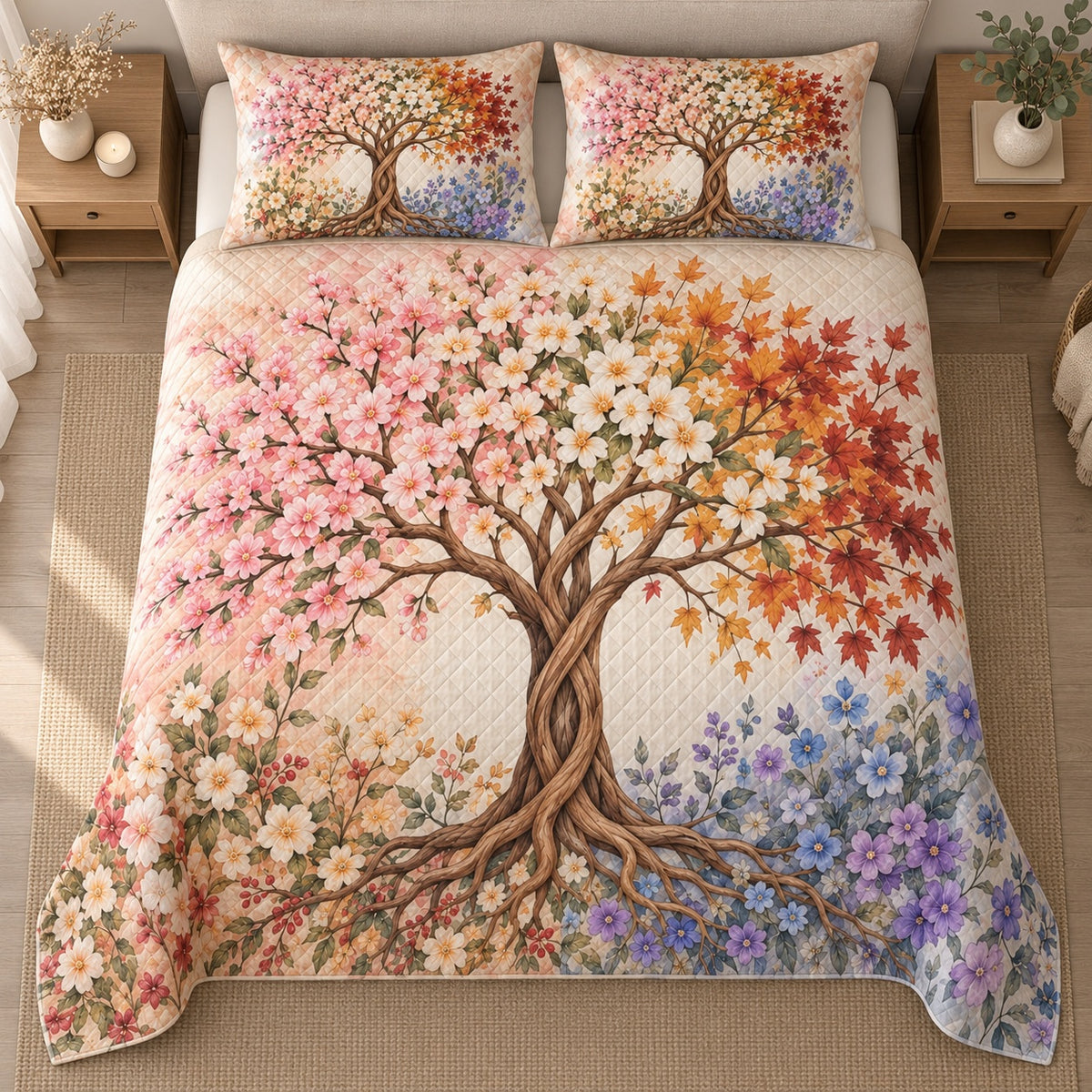 AI mockup, high centered overhead view of a central twisting tree with pink blossoms, white flowers, orange leaves and lavender blooms, quilt and two matching printed pillowcases in a neutral bedroom.