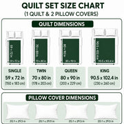 Quilt set size chart: Single 59 x 72 in, Twin 70 x 80 in, Queen 80 x 90 in, King 90.5 x 102.4 in; two pillow covers measuring 20.1 x 29.5 in.