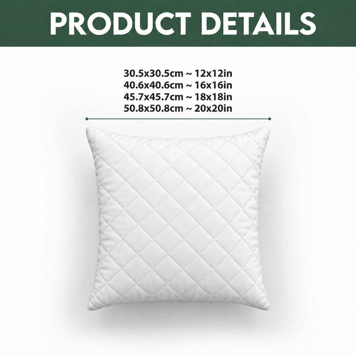 Quilted throw pillow size guide, 12, 16, 18 and 20 inch sizes