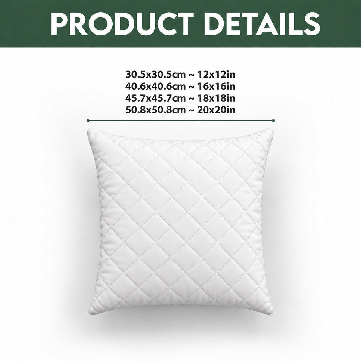 Quilted throw pillow size guide, 12, 16, 18 and 20 inches